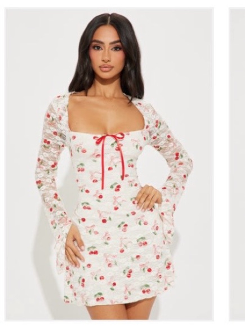 Fashion Nova White Cherry-Print Lace Long Sleeve Mini Dress with Red Tie